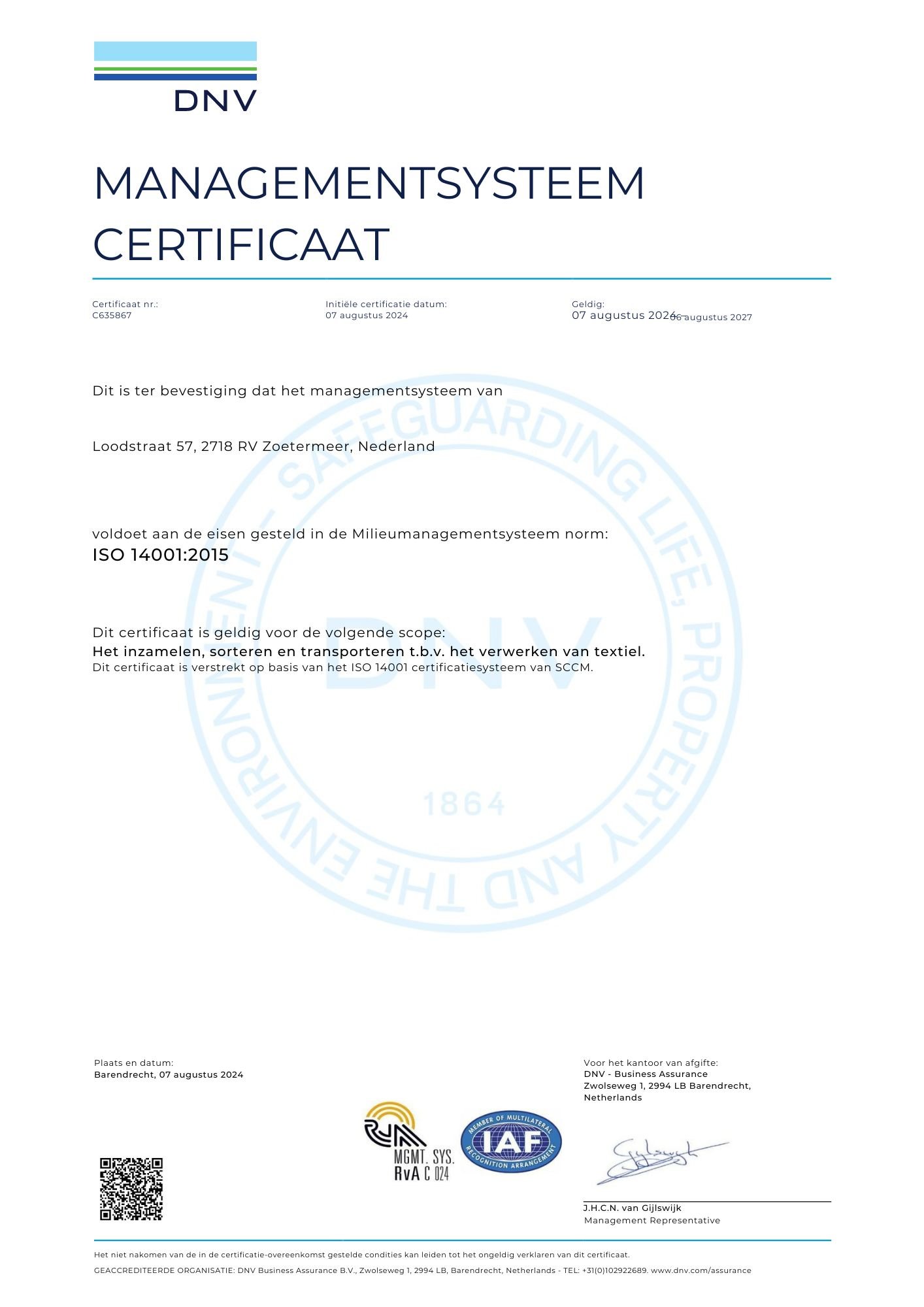 ISO 14001:2015 milieucertificaat van Climpex Textielinzameling B.V.