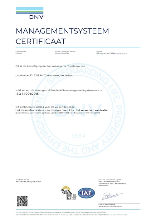 ISO 14001:2015 milieucertificaat van Climpex Textielinzameling B.V.