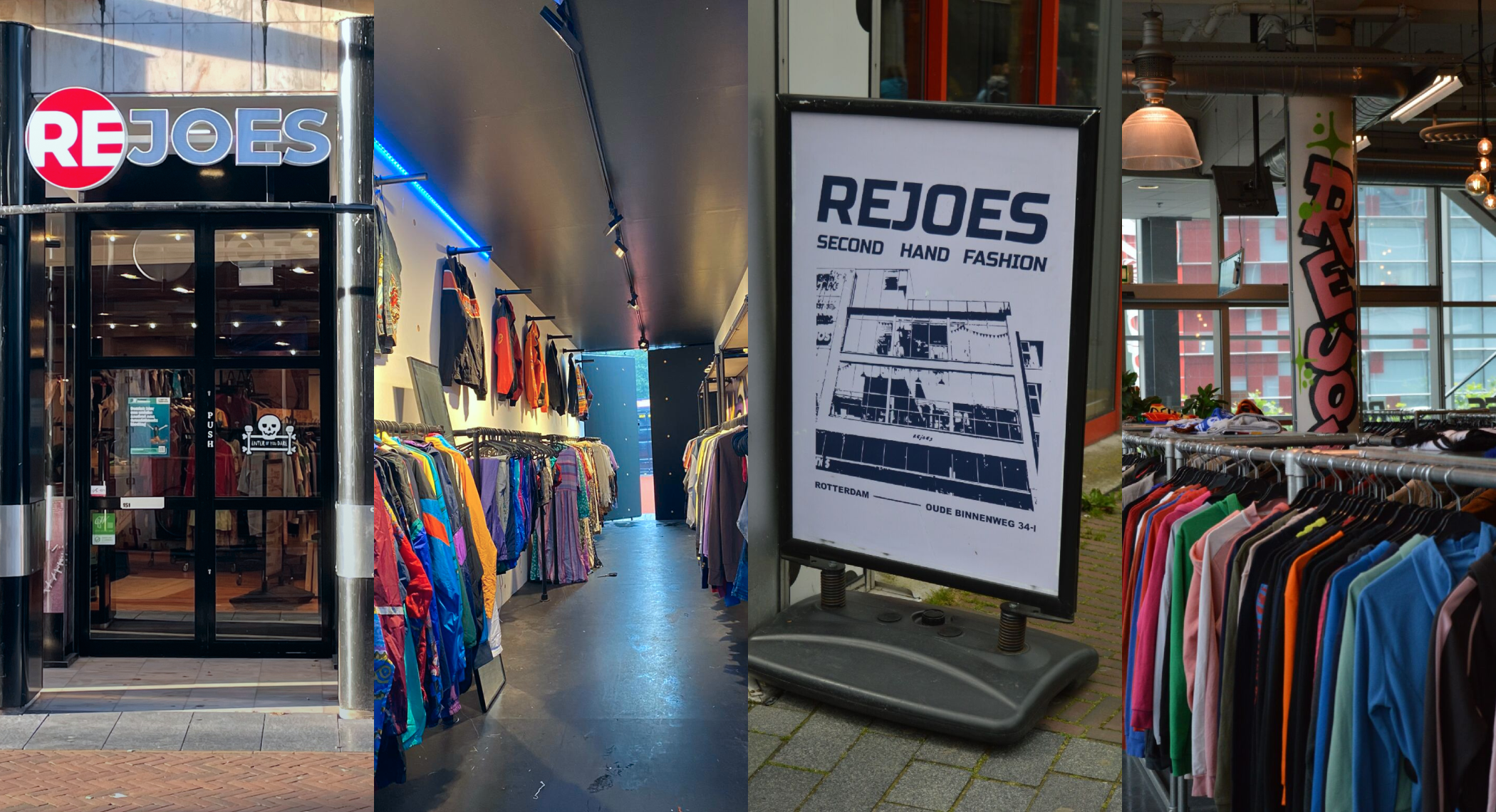 Sfeerbeelden van REJOES winkel: buitenaanzicht, interieur en stoepbord met logo.