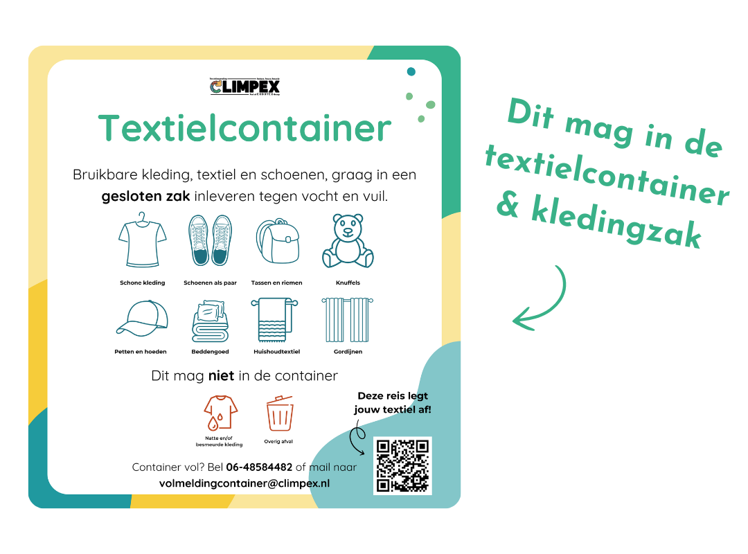 Sticker met tekst "Dit mag in de textielcontainer & kledingzak" en pictogrammen van toegestane en niet-toegestane items