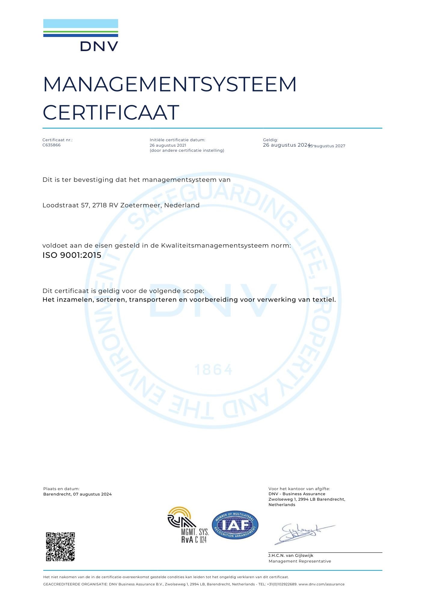 ISO 9001:2015 kwaliteit certificaat van Climpex Textielinzameling B.V.